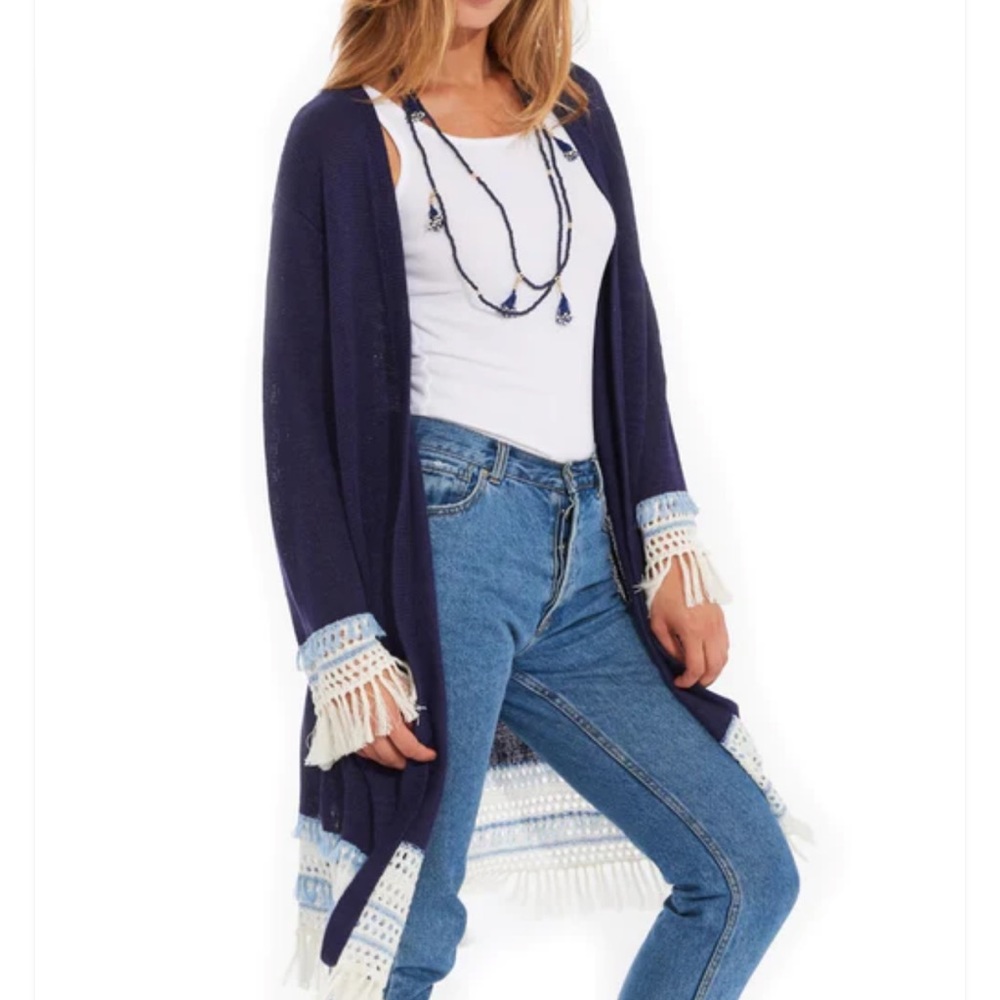 NWT Roller Rabbit 🐰 Navy fringe long cardigan(One Size)